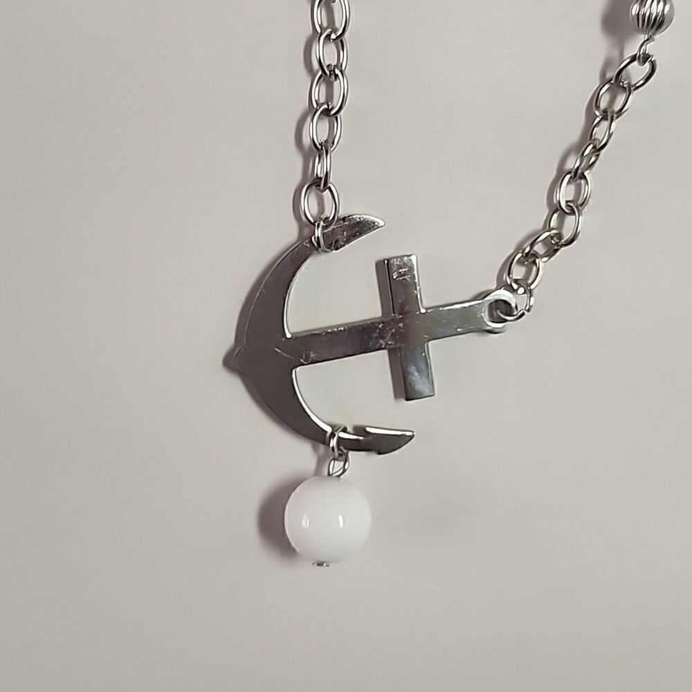 Anchor Necklace with White Round Beads Silver Tone Chain and Pendant - Picture 2 of 4